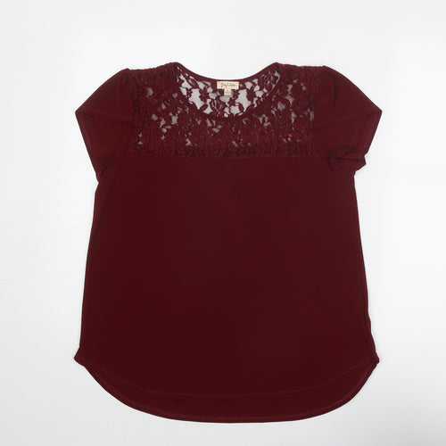 Lily White Womens Red Polyester Basic Blouse Size M Round Neck - Lace Details