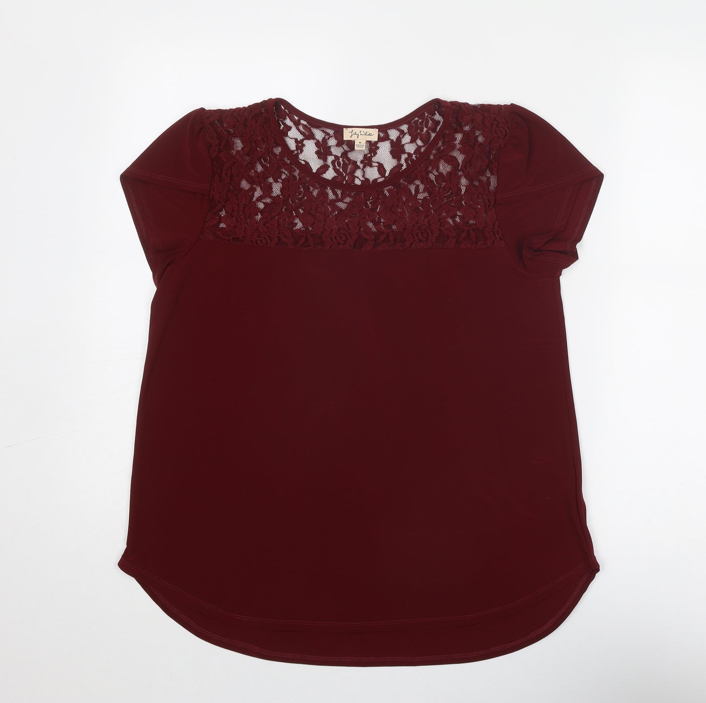 Lily White Womens Red Polyester Basic Blouse Size M Round Neck - Lace Details