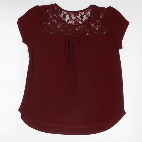 Lily White Womens Red Polyester Basic Blouse Size M Round Neck - Lace Details