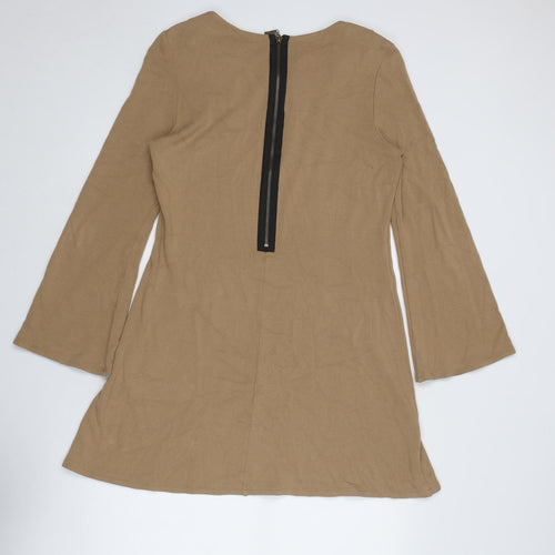 Wallis Womens Brown Viscose Jumper Dress Size 14 Round Neck Zip