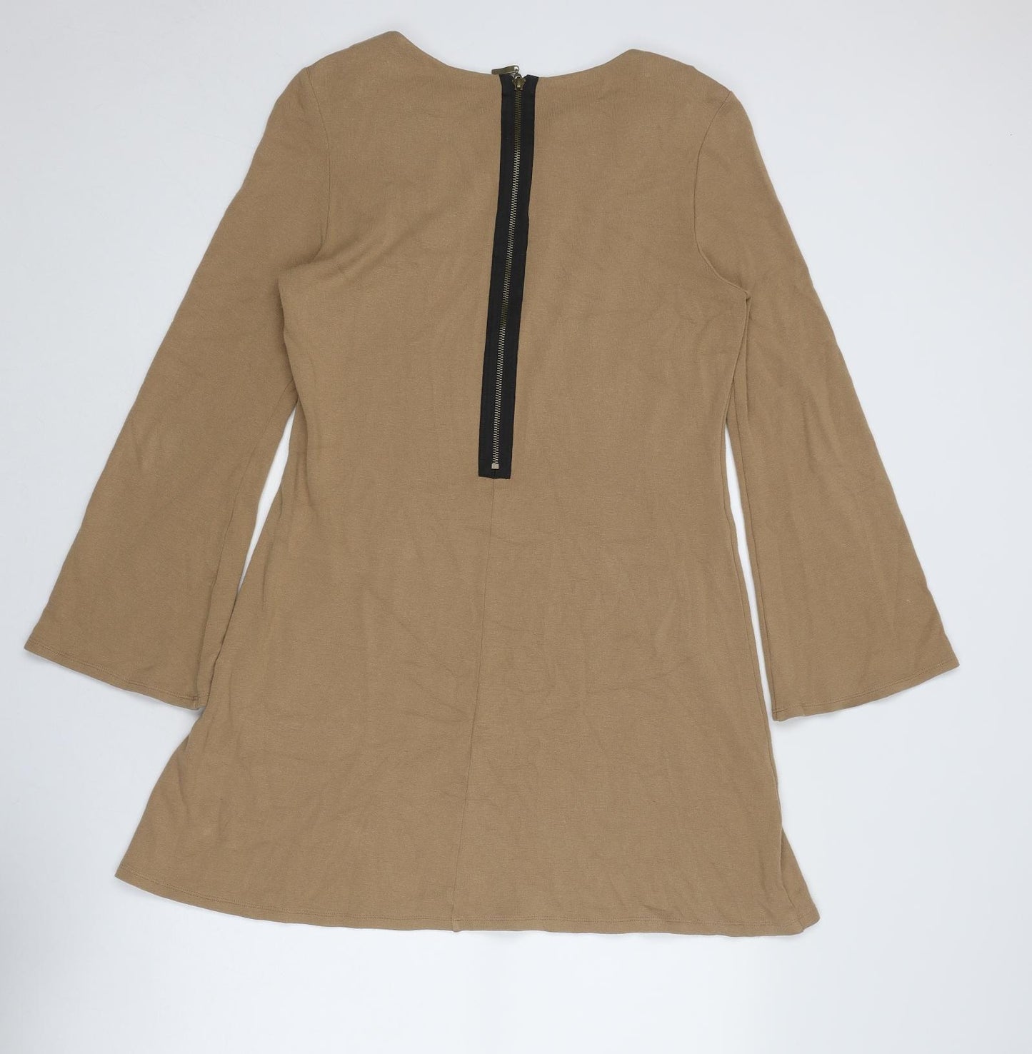 Wallis Womens Brown Viscose Jumper Dress Size 14 Round Neck Zip