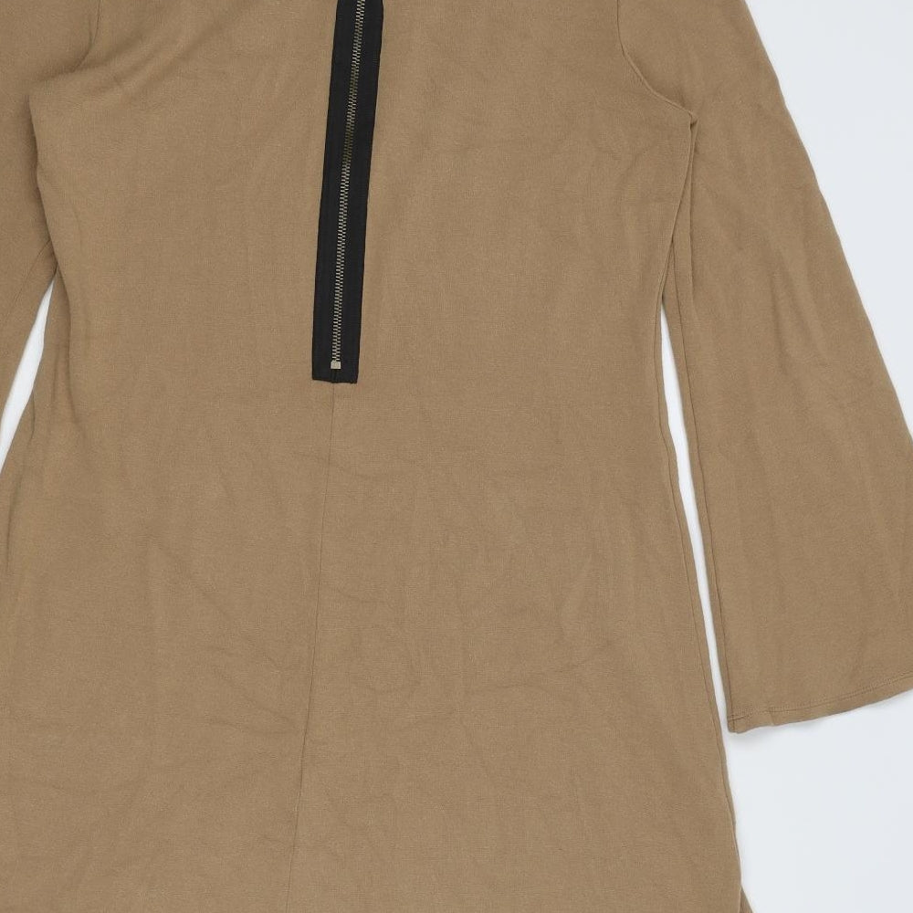 Wallis Womens Brown Viscose Jumper Dress Size 14 Round Neck Zip