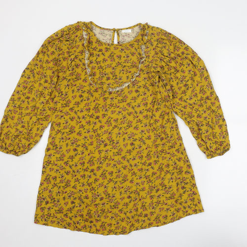 NEXT Girls Yellow Floral Viscose A-Line Size 11 Years Round Neck Button