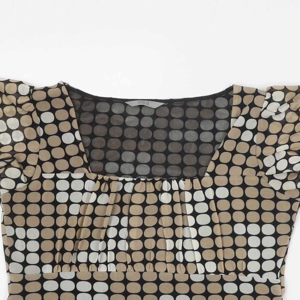 Marks and Spencer Womens Beige Geometric Polyester Basic T-Shirt Size 12 Square Neck