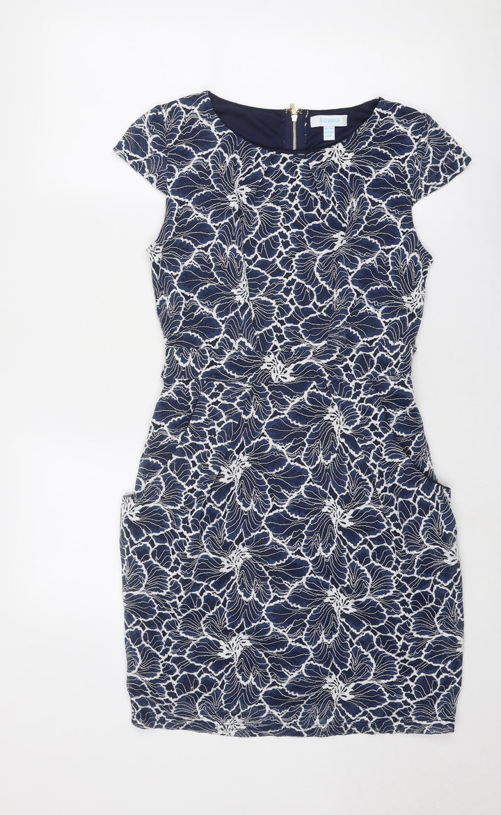 Blue Vanilla Womens Blue Floral Nylon Shift Size 12 Round Neck Zip