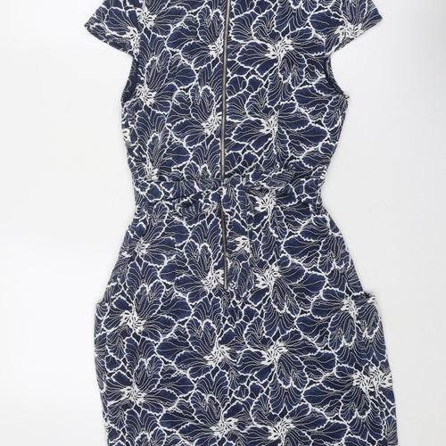 Blue Vanilla Womens Blue Floral Nylon Shift Size 12 Round Neck Zip