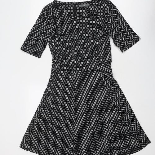 BHS Womens Black Geometric Viscose Fit & Flare Size 10 Round Neck Zip
