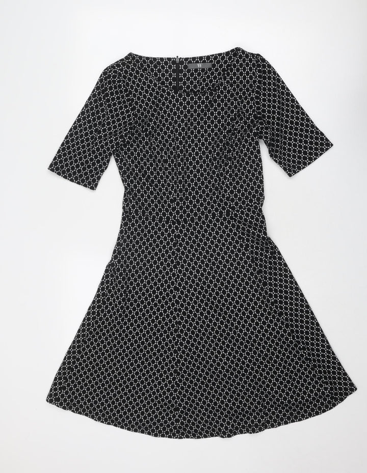 BHS Womens Black Geometric Viscose Fit & Flare Size 10 Round Neck Zip