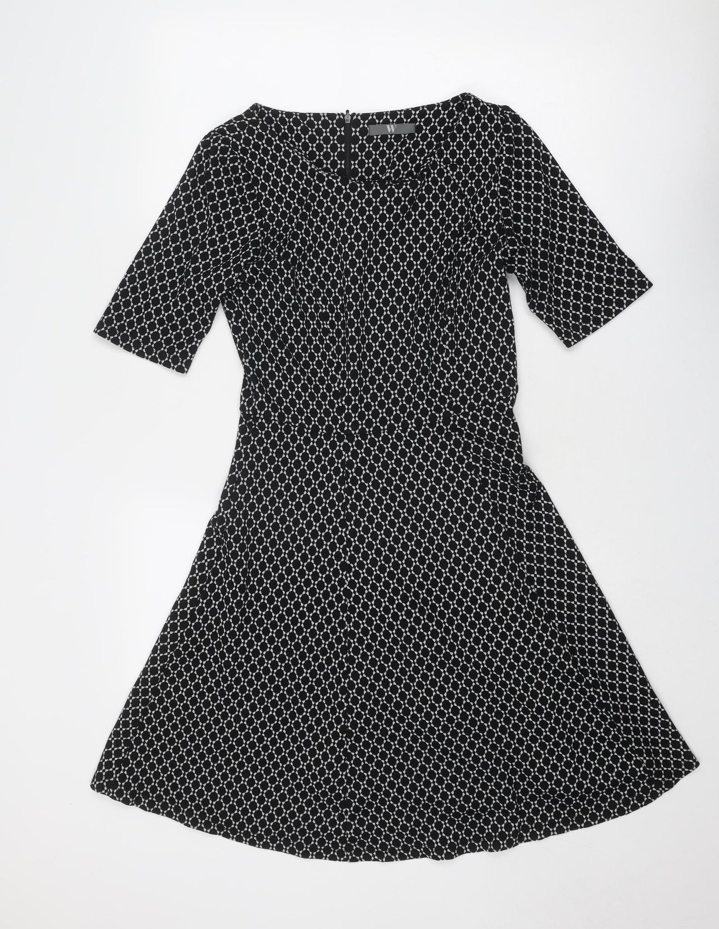 BHS Womens Black Geometric Viscose Fit & Flare Size 10 Round Neck Zip