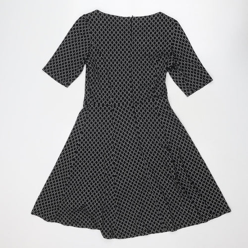 BHS Womens Black Geometric Viscose Fit & Flare Size 10 Round Neck Zip