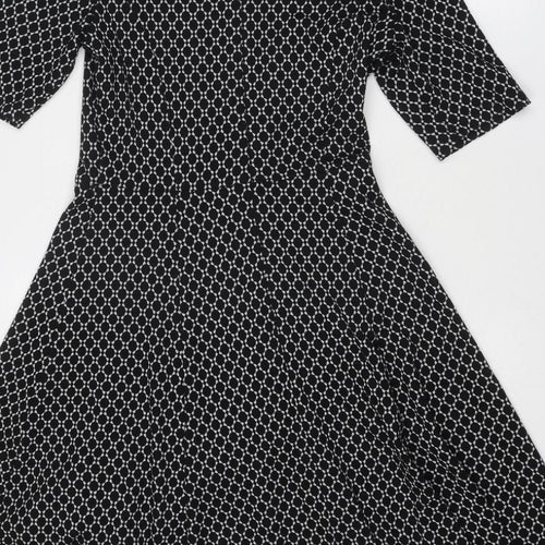 BHS Womens Black Geometric Viscose Fit & Flare Size 10 Round Neck Zip