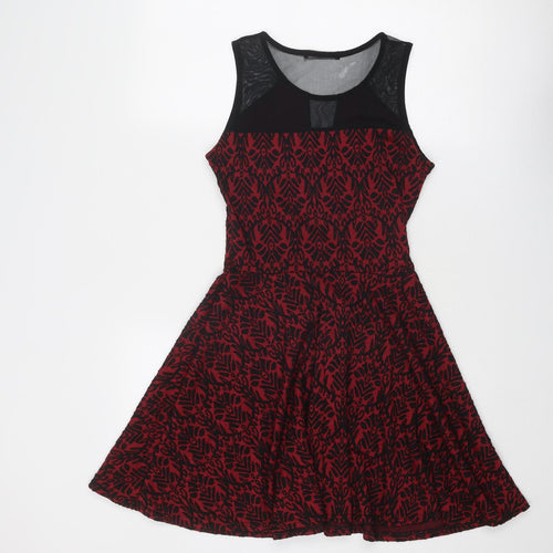 QED London Womens Red Geometric Polyester Fit & Flare Size 10 Round Neck Pullover