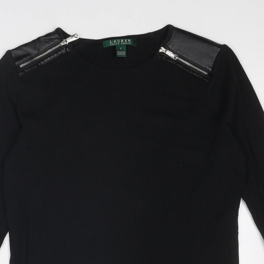 Lauren Ralph Lauren Womens Black Cotton Basic T-Shirt Size L Round Neck