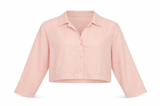 Front view of Topshop women’s pink polyester cropped button-up, size UK 10, collared