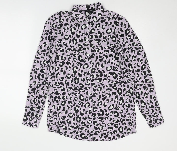 New Look Womens Purple Animal Print Polyester Basic Button-Up Size 8 Collared - Leopard Print