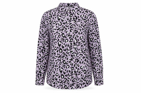 Front view of New Look women’s purple animal print polyester basic button-up, size UK 8, collared - leopard print