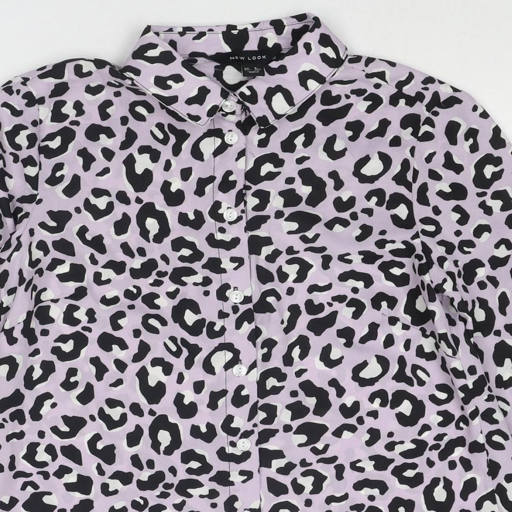 New Look Womens Purple Animal Print Polyester Basic Button-Up Size 8 Collared - Leopard Print
