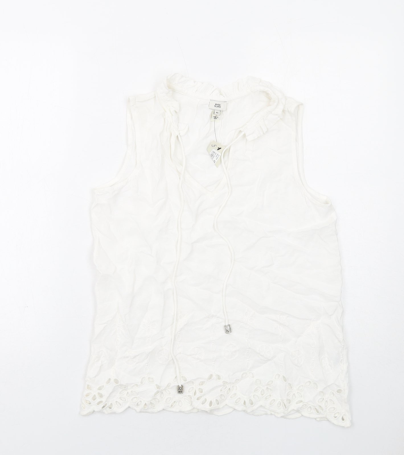 River Island Womens White Viscose Basic Blouse Size XS V-Neck - Broderie Anglaise