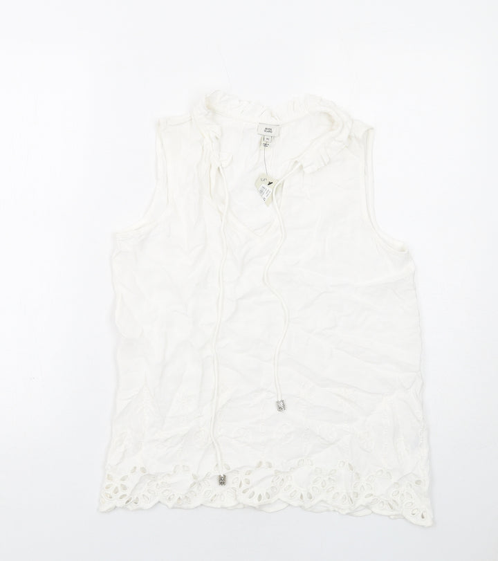 River Island Womens White Viscose Basic Blouse Size XS V-Neck - Broderie Anglaise