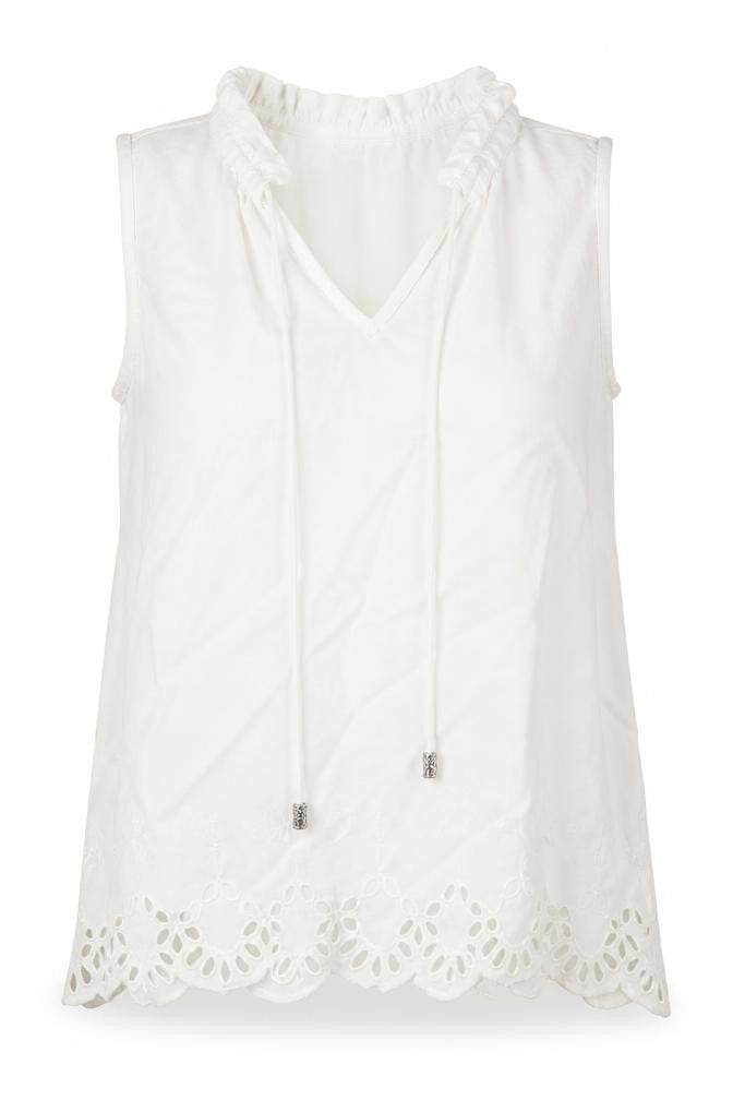 Front view of River Island women’s white viscose basic blouse, size XS, v-neck - broderie anglaise