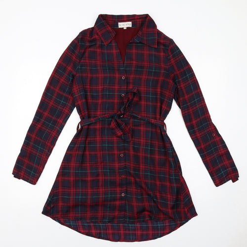 In the Style Womens Red Plaid Polyester Shirt Dress Size XS Collared Button