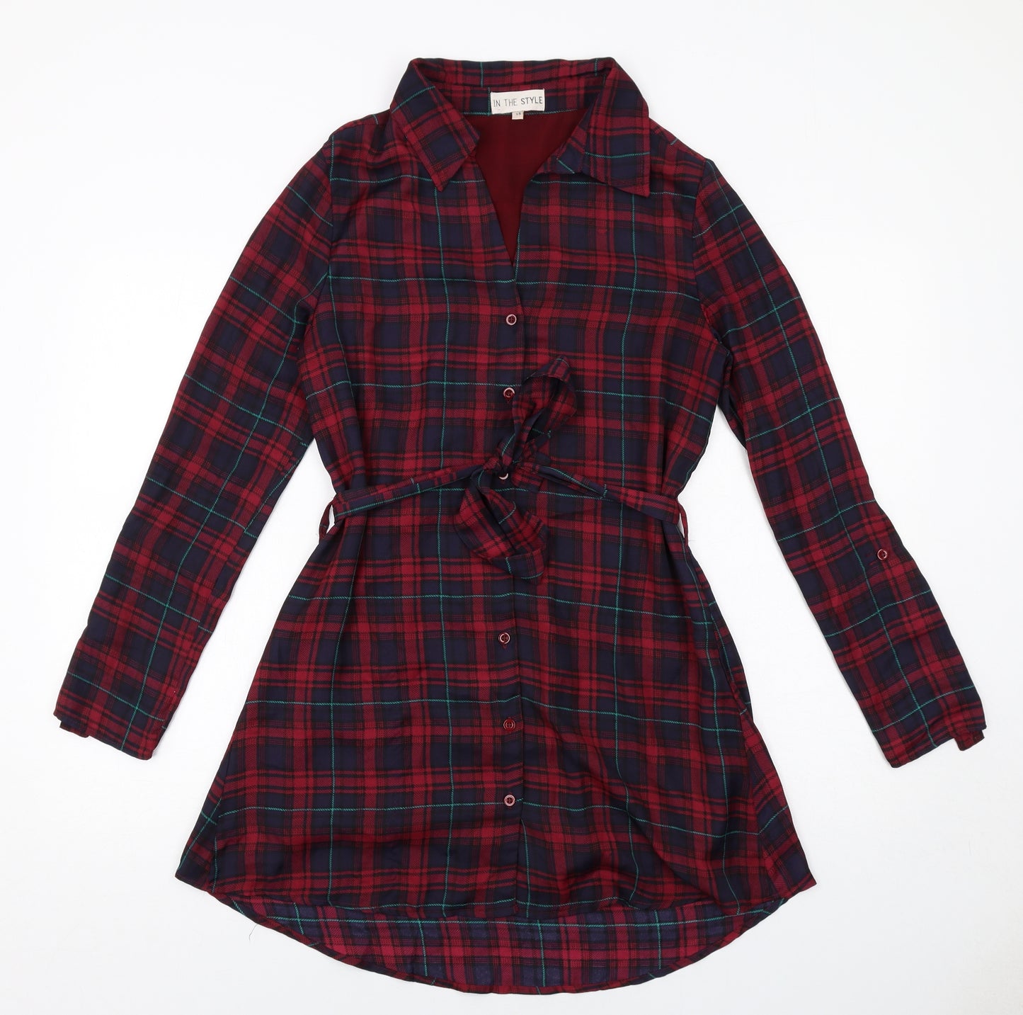 In the Style Womens Red Plaid Polyester Shirt Dress Size XS Collared Button