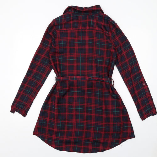In the Style Womens Red Plaid Polyester Shirt Dress Size XS Collared Button