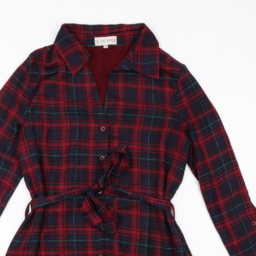 In the Style Womens Red Plaid Polyester Shirt Dress Size XS Collared Button