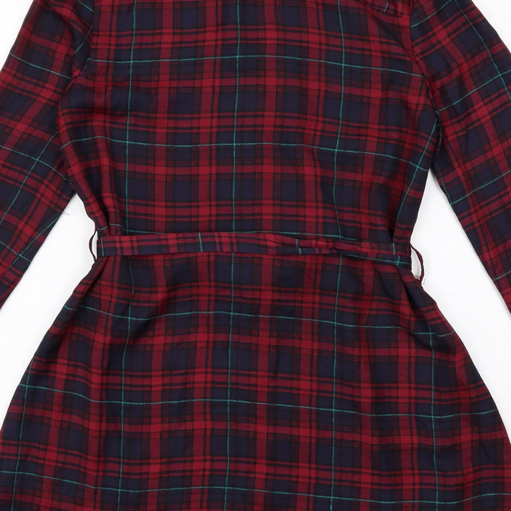 In the Style Womens Red Plaid Polyester Shirt Dress Size XS Collared Button