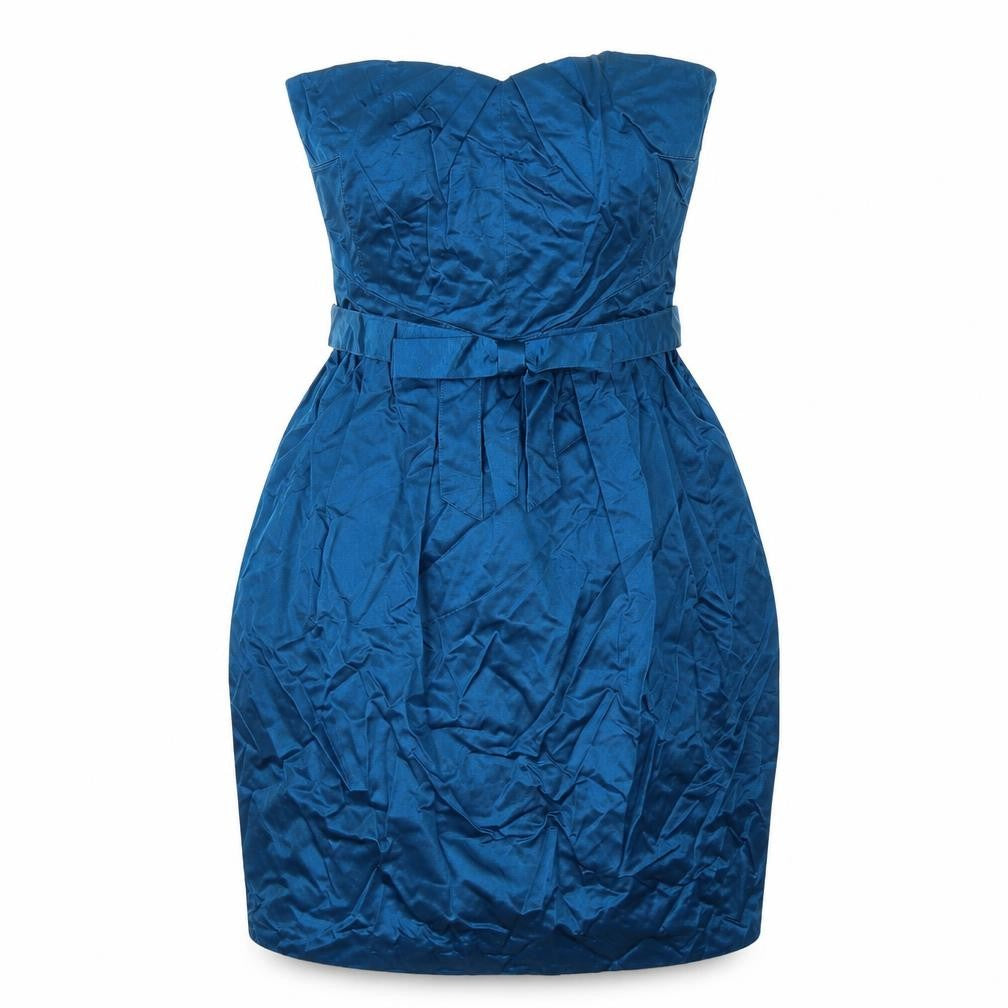 Front view of Warehouse women’s blue polyester mini, size UK 10, sweetheart zip - strapless