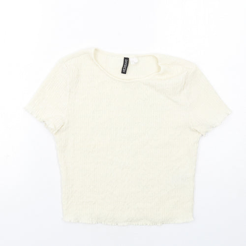 H&M Womens Ivory Polyester Cropped T-Shirt Size M Round Neck - Textured
