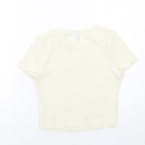 H&M Womens Ivory Polyester Cropped T-Shirt Size M Round Neck - Textured
