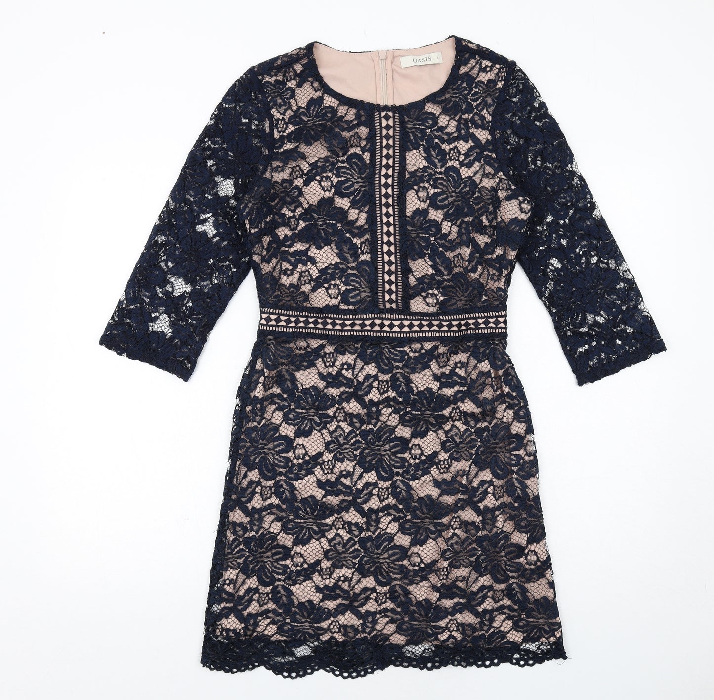 Oasis Womens Blue Polyester Mini Size 8 Boat Neck Zip - Lace Overlay