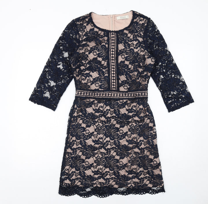 Oasis Womens Blue Polyester Mini Size 8 Boat Neck Zip - Lace Overlay