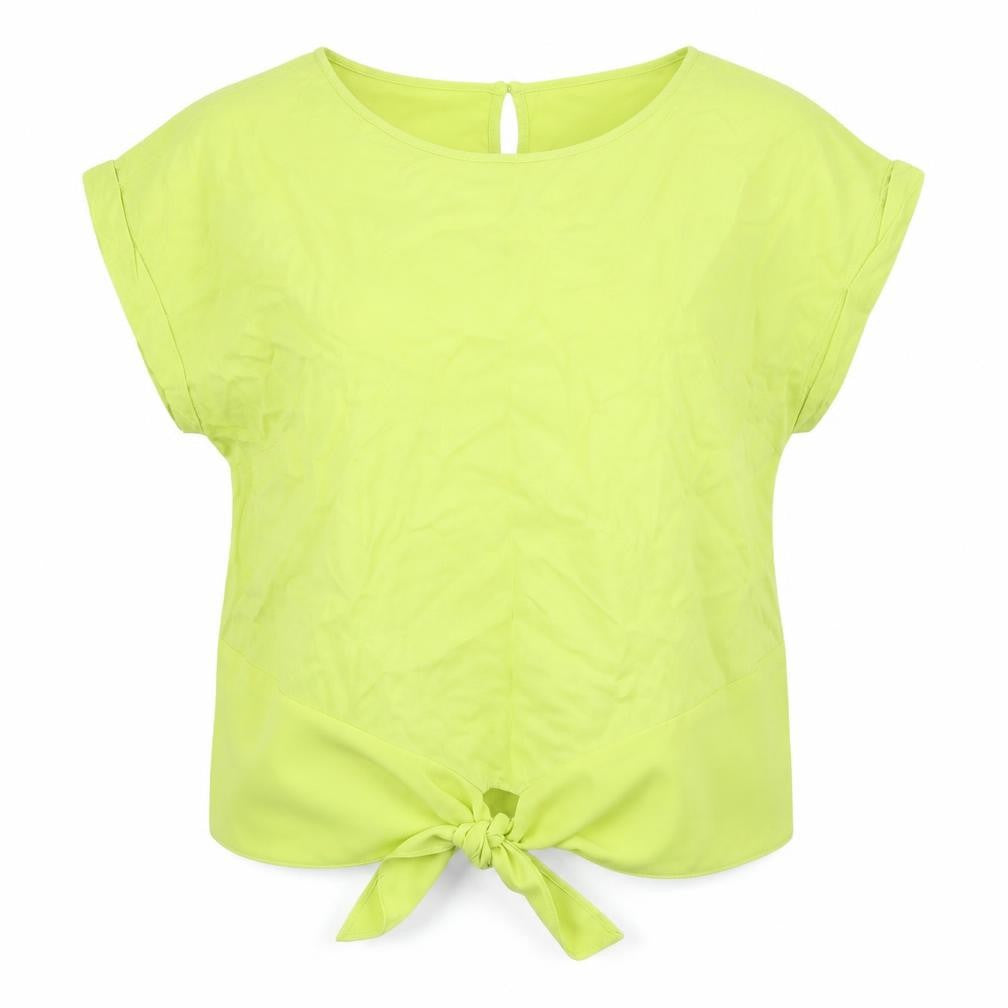 Front view of Oasis women’s yellow viscose basic blouse, size UK 16, boat neck - tie front