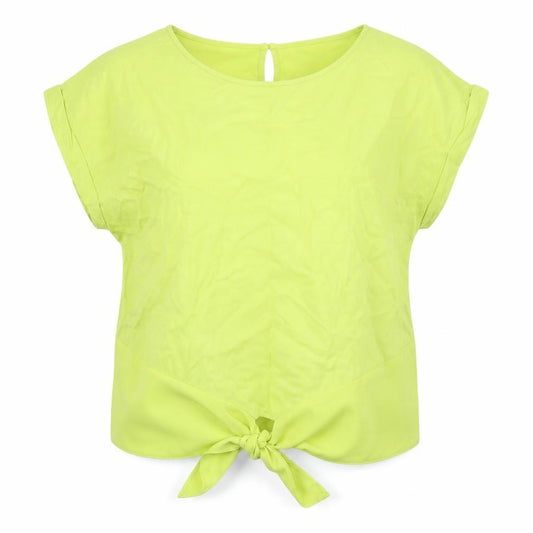 Front view of Oasis women’s yellow viscose basic blouse, size UK 16, boat neck - tie front