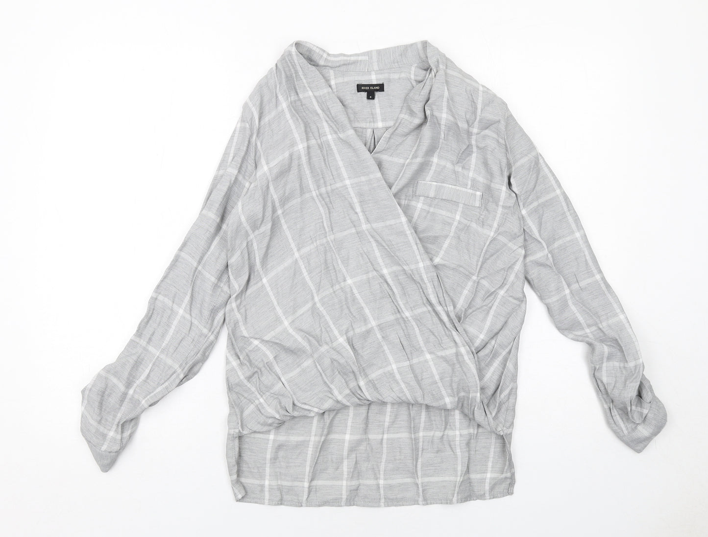 River Island Womens Grey Check Viscose Basic Blouse Size 6 V-Neck - Wrap Style