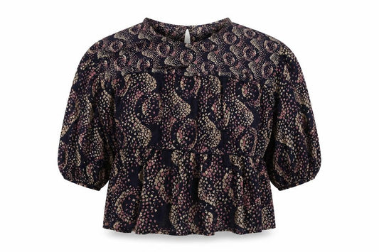 Front view of Next women’s blue geometric viscose basic blouse, size UK 6, round neck