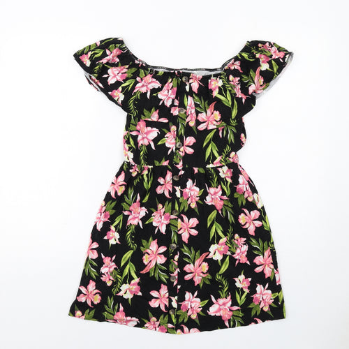ASOS Womens Black Floral Cotton Fit & Flare Size 8 Off the Shoulder Pullover
