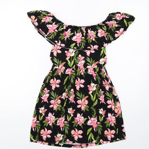 ASOS Womens Black Floral Cotton Fit & Flare Size 8 Off the Shoulder Pullover