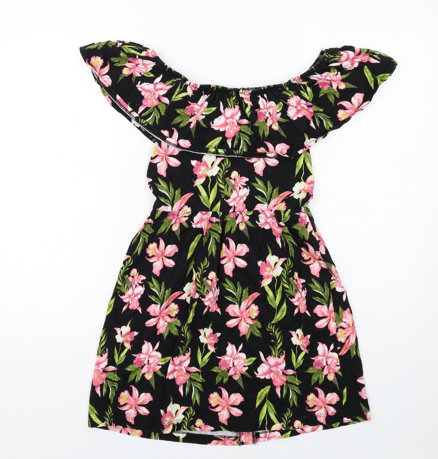 ASOS Womens Black Floral Cotton Fit & Flare Size 8 Off the Shoulder Pullover