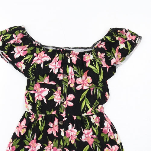 ASOS Womens Black Floral Cotton Fit & Flare Size 8 Off the Shoulder Pullover