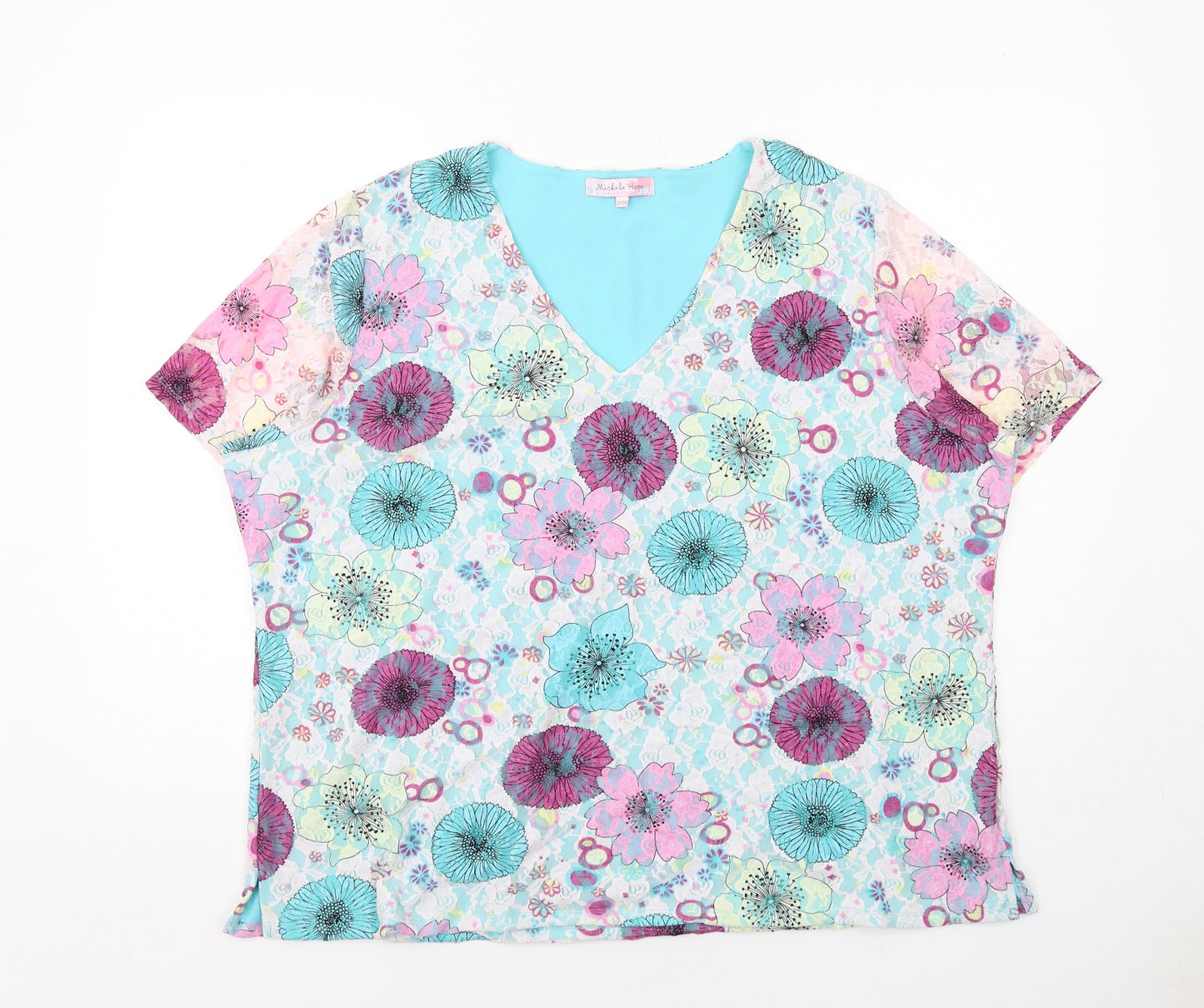 Michele Hope Womens Multicoloured Geometric Nylon Basic T-Shirt Size 26 V-Neck
