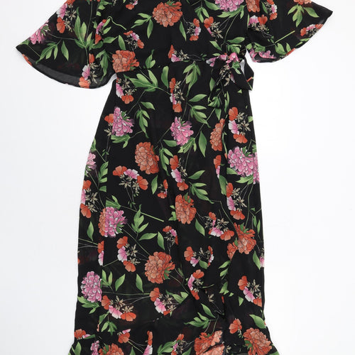 Max Womens Black Floral Polyester Maxi Size 16 V-Neck Pullover - Flute Sleeve