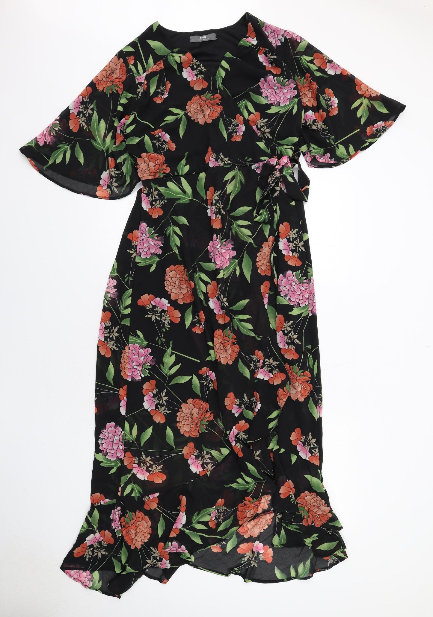 Max Womens Black Floral Polyester Maxi Size 16 V-Neck Pullover - Flute Sleeve