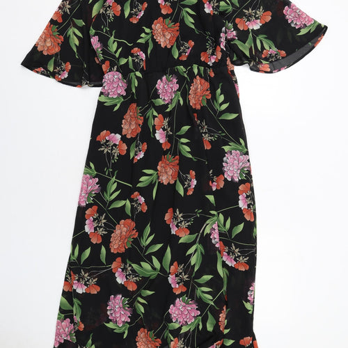 Max Womens Black Floral Polyester Maxi Size 16 V-Neck Pullover - Flute Sleeve