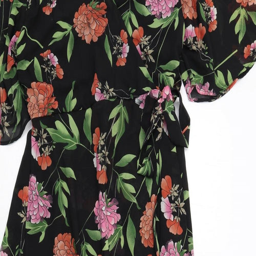 Max Womens Black Floral Polyester Maxi Size 16 V-Neck Pullover - Flute Sleeve