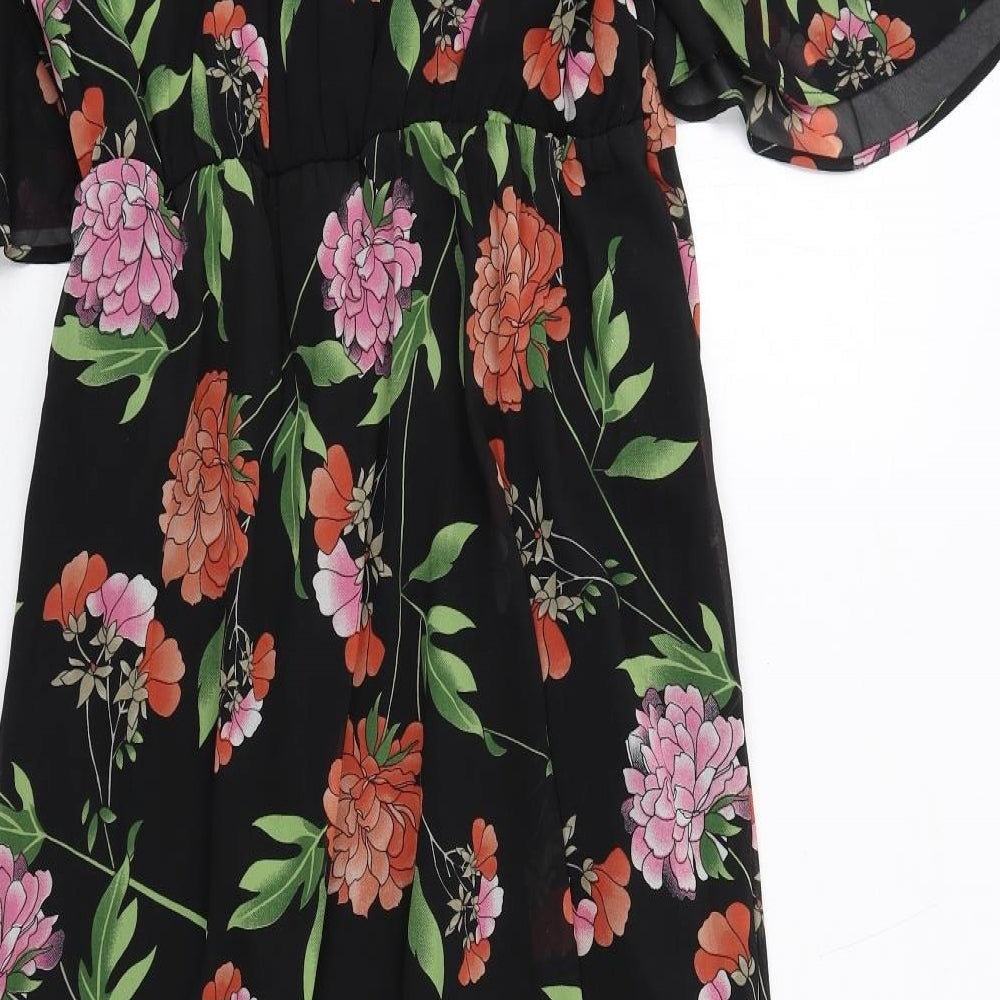 Max Womens Black Floral Polyester Maxi Size 16 V-Neck Pullover - Flute Sleeve