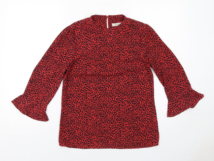 Oasis Womens Red Geometric Polyester Basic Blouse Size 8 Round Neck