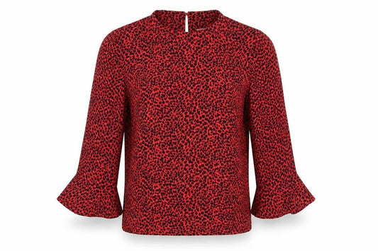 Front view of Oasis women’s red geometric polyester basic blouse, size UK 8, round neck